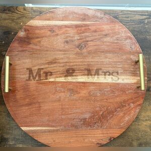 Wooden Mr. & Mrs. Serving Tray with Gold Handles